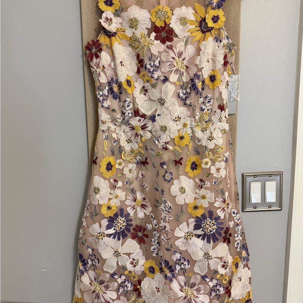Teri Jon Floral Embroidered Midi Dress in Blush, Yellow, Purple